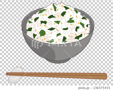 わかめと白ごまの混ぜご飯のイラスト（お箸と箸置きの追加） 136375455