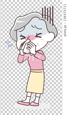 鼻をかむシニア女性のイラスト（風邪・鼻水・花粉症） 136375711