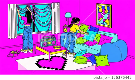 ネオンカラーで彩る部屋、Y2Kを楽しむ少女たち 136376443