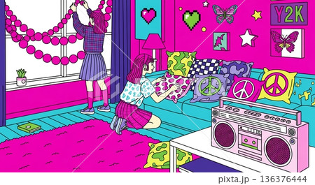 鮮やかY2Kルームで楽しむ、少女たちの飾り付け 136376444