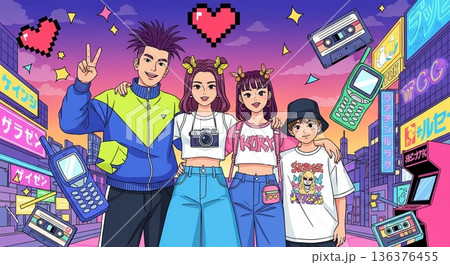 煌めくネオン街、Y2Kファッションの仲良し家族 136376455