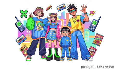 Y2Kスタイルで集合！カラフルな家族ポートレート 136376456