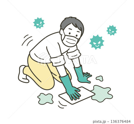 床を雑巾で拭くゴム手袋をつけた男性のイラスト 136376484