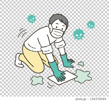 床を雑巾で拭くゴム手袋をつけた男性のイラスト 136376484