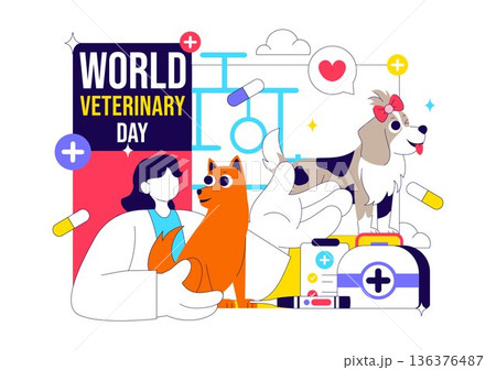 World Veterinary Day Vector Illustration Celebrating Dedicated Veterinarians Protecting Animal Health Welfare Through Flat Cartoon Style Background 136376487