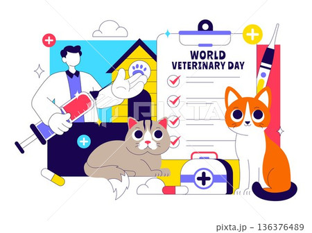 World Veterinary Day Vector Illustration Celebrating Dedicated Veterinarians Protecting Animal Health Welfare Through Flat Cartoon Style Background World Veterinary Day Vector Illustration Celebrating Dedicated Veterinarians Protecting Animal Health Welfare Through Flat Cartoon Style Background 136376489