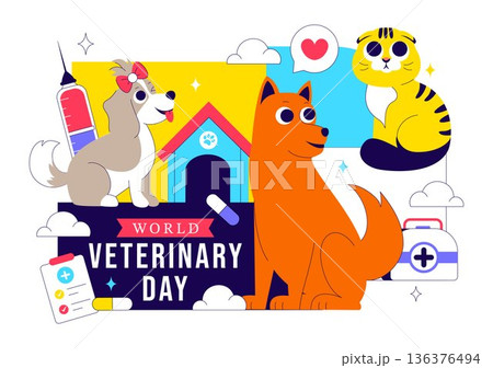 World Veterinary Day Vector Illustration Celebrating Dedicated Veterinarians Protecting Animal Health Welfare Through Flat Cartoon Style Background World Veterinary Day Vector Illustration Celebrating Dedicated Veterinarians Protecting Animal Health Welfare Through Flat Cartoon Style Background 136376494
