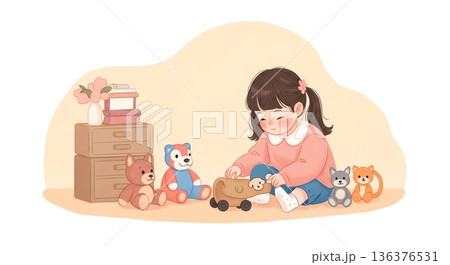 ぬいぐるみと遊ぶ少女の夢中な時間 136376531