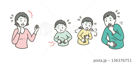 家族にノロウィルスの腹痛や嘔吐の症状が出て焦る母親 136376751