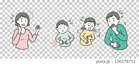 家族にノロウィルスの腹痛や嘔吐の症状が出て焦る母親 136376751