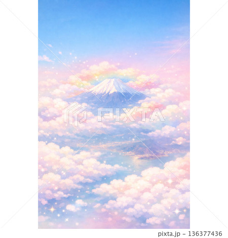 雲海の上にそびえる幻想的な富士山と虹色の彩雲のパステルカラーイラスト 136377436