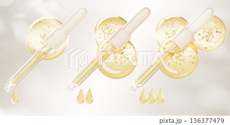 Glass pipette 3D set with one, two, three golden drops and puddles of oil or serum. Render dropper, yellow liquid texture with bubbles and droplets for cosmetic, medical or science. 3D illustration 136377479