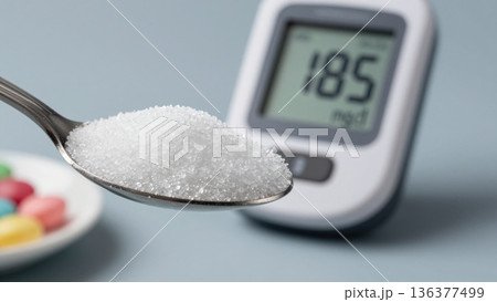 Excessive Sugar Intake with High Blood Sugar Monitor Diabetes Risk Concept 136377499