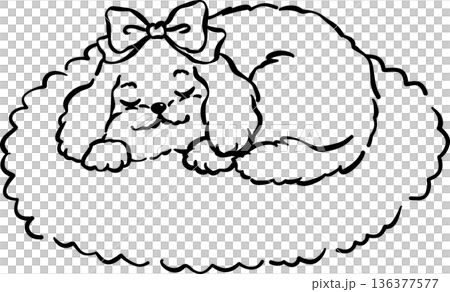 Cozy home happy cavoodle dog outline sleeping on rug mat hand drawn Cozy home happy cavoodle dog outline sleeping on rug mat hand drawn 136377577