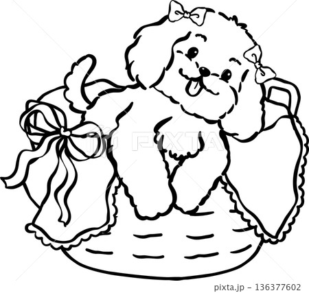 Cozy home happy cavoodle dog outline in basket hand drawn Cozy home happy cavoodle dog outline in basket hand drawn 136377602