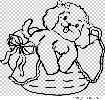 Cozy home happy cavoodle dog outline in basket hand drawn Cozy home happy cavoodle dog outline in basket hand drawn 136377602