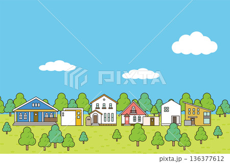 洋風のおしゃれな家が建ち並ぶ風景と爽やかな青空 主線あり 洋風のおしゃれな家が建ち並ぶ風景と爽やかな青空 主線あり 136377612