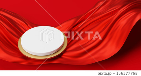 Blank podium on red fabric flowing  with copy space Product display 3D render 136377768