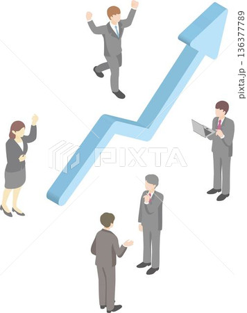 アイソメトリックな上昇矢印とグラフ。ビジネス成長、経済、金融、投資、株価上昇のシンプルイラスト素材 136377789