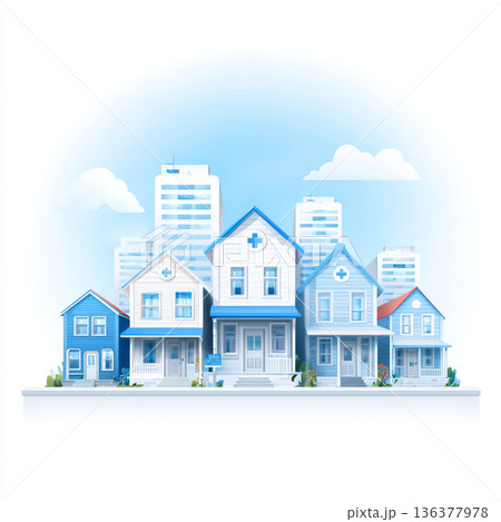 Community clinic houses healthcare neighborhood, medical home building, urban hospital city background modern wellness care 136377978