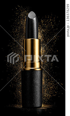 Black lipstick gold tube luxury makeup cosmetic product glamour sparkle beauty elegant dark color glitter explosion background with dramatic style 136378299
