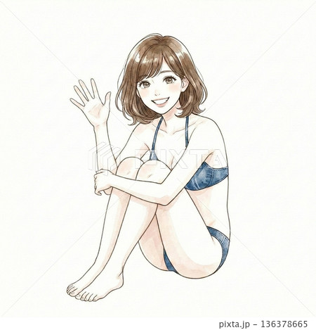 座って手を振る水着の女性 136378665