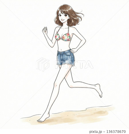 水着で走る女性 136378670