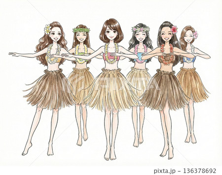 フラダンスを踊るスリムな女性たち 136378692