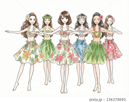 フラダンスを踊るスリムな女性たち 136378693