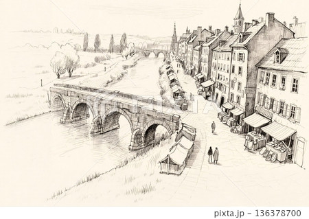 橋がある欧州の古い街並みのスケッチ画 136378700
