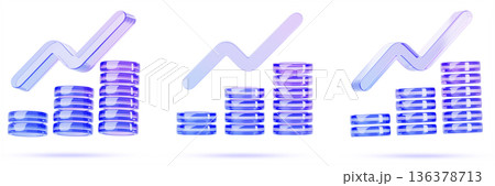 Hologram glass coin stacks with arrow - growing money graph 3d render icon set. Financial data, crypto currency chart, bank interest rate growth, business report, investment, income. 3D illustration 136378713