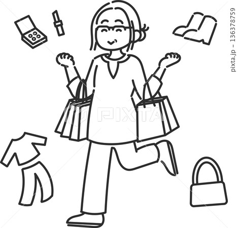 ショッピングを楽しむ40代女性のイラスト　線画のみ 136378759