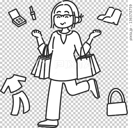 ショッピングを楽しむ40代女性のイラスト　線画のみ 136378759