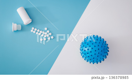 Flat lay, virus ball, disease and infection concept. Flat lay, virus ball, disease and infection concept. 136378985