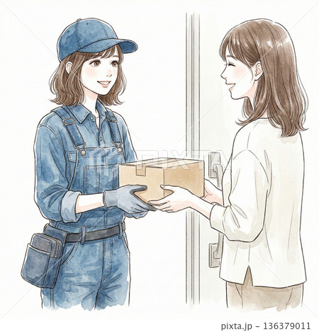 宅配物を受け取る女性　イメージイラスト 136379011