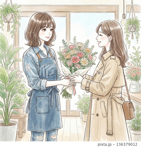 花束を受け取る女性　イメージイラスト 136379012