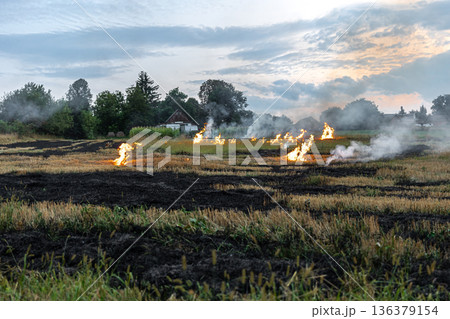 A fire burns in a field with dry grass. 136379154