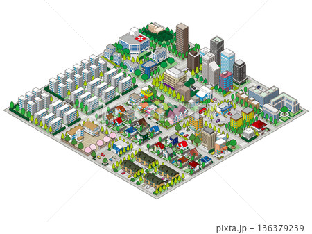 街並みの立体図. 都市の景観. アイソメ図で描いた都市. 136379239