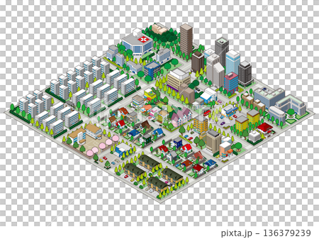 街並みの立体図. 都市の景観. アイソメ図で描いた都市. 136379239