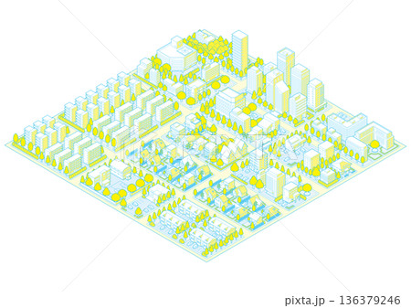 街並みの立体図. 都市の景観. アイソメ図で描いた都市. 街並みの立体図. 都市の景観. アイソメ図で描いた都市. 136379246
