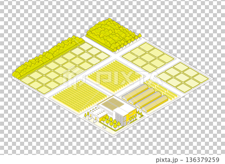 郊外の街並みのイラスト. アイソメ図で描いた都市. 136379259