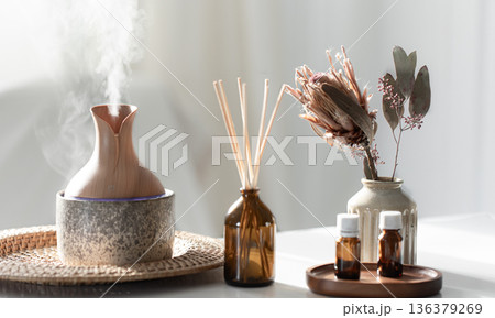Spa composition with incense sticks, air humidifier and aroma oils. Spa composition with incense sticks, air humidifier and aroma oils. 136379269