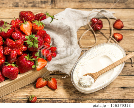 arrangement with fresh strawberries on wooden background arrangement with fresh strawberries on wooden background 136379318