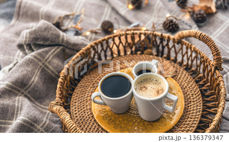 Autumn composition with cups of coffee and leaves. Autumn composition with cups of coffee and leaves. 136379347