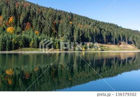 Autumn forest and lake in a mountainous area, natural background. Autumn forest and lake in a mountainous area, natural background. 136379382
