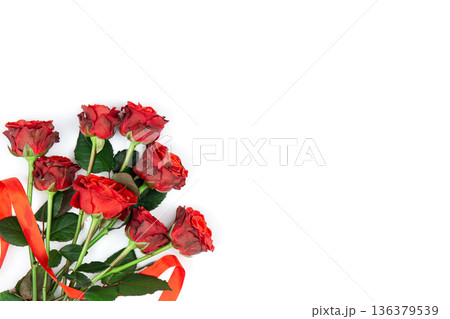 Bouquet of red roses on a white background, flat lay, copy space. 136379539
