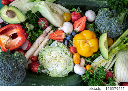 Close-up, bright fresh vegetables, fruits and berries. Close-up, bright fresh vegetables, fruits and berries. 136379665