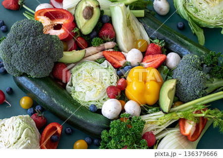 Close-up, bright fresh vegetables, fruits and berries. Close-up, bright fresh vegetables, fruits and berries. 136379666
