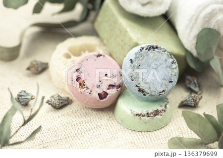 Close-up, multicolored handmade soap on a blurred background. 136379699