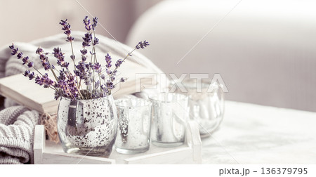 composition with lavender in a glass composition with lavender in a glass 136379795